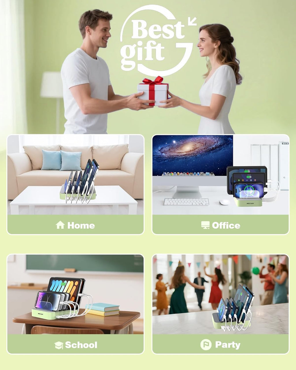 MSTJRY Charging Station for Multiple Devices : 5 Port Multi USB-A Charger Stations Multi-Device Organizer Charging Dock Designed for iPhone iPad Cell Phone Tablets (7 Short Cables Included), Cyan