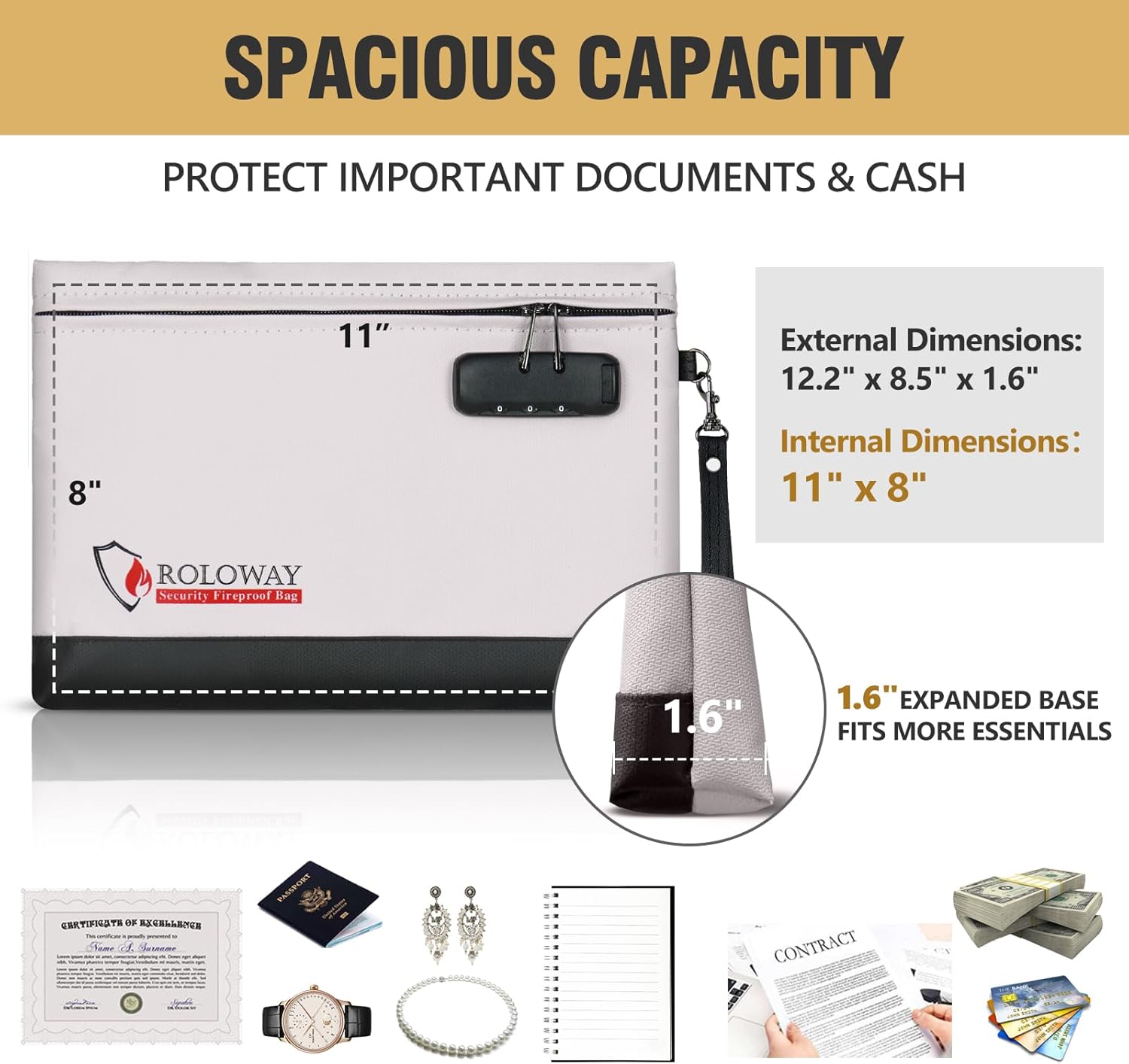 ROLOWAY Fireproof Money Bag with Lock for Cash, 6400°F Fire Proof Document Bag (12.2 x 8.5 x1.6 inches), Money Pouch with Zipper (Gray)