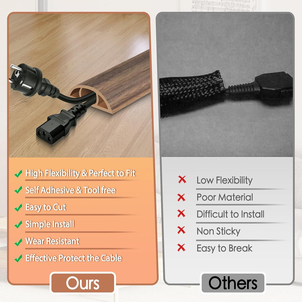 Floor Cord Cover for Wires on Floor Self Adhesive Cord Hider Floor Cable Management Wire Covers for Cords Protector Prevent Cable Trips Cord Cavity W 0.47" x H 0.27", Misty Brown Wood, 3.3Ft