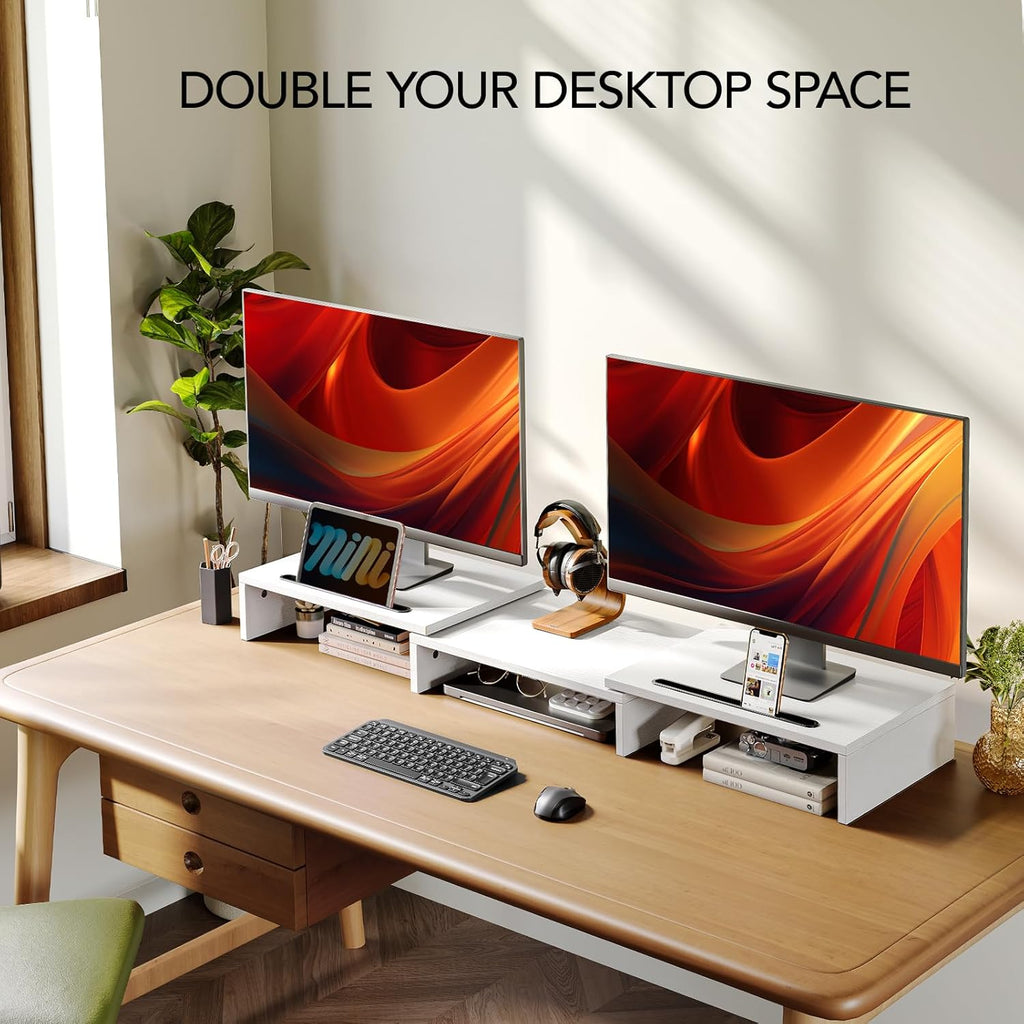 AMERIERGO Dual Monitor Stand Riser- 3 Shelf Screen Stand with Adjustable Length and Angle, 2 Extra Functional Slot Desktop Organizer Stand for PC, Computer, Laptop (White)