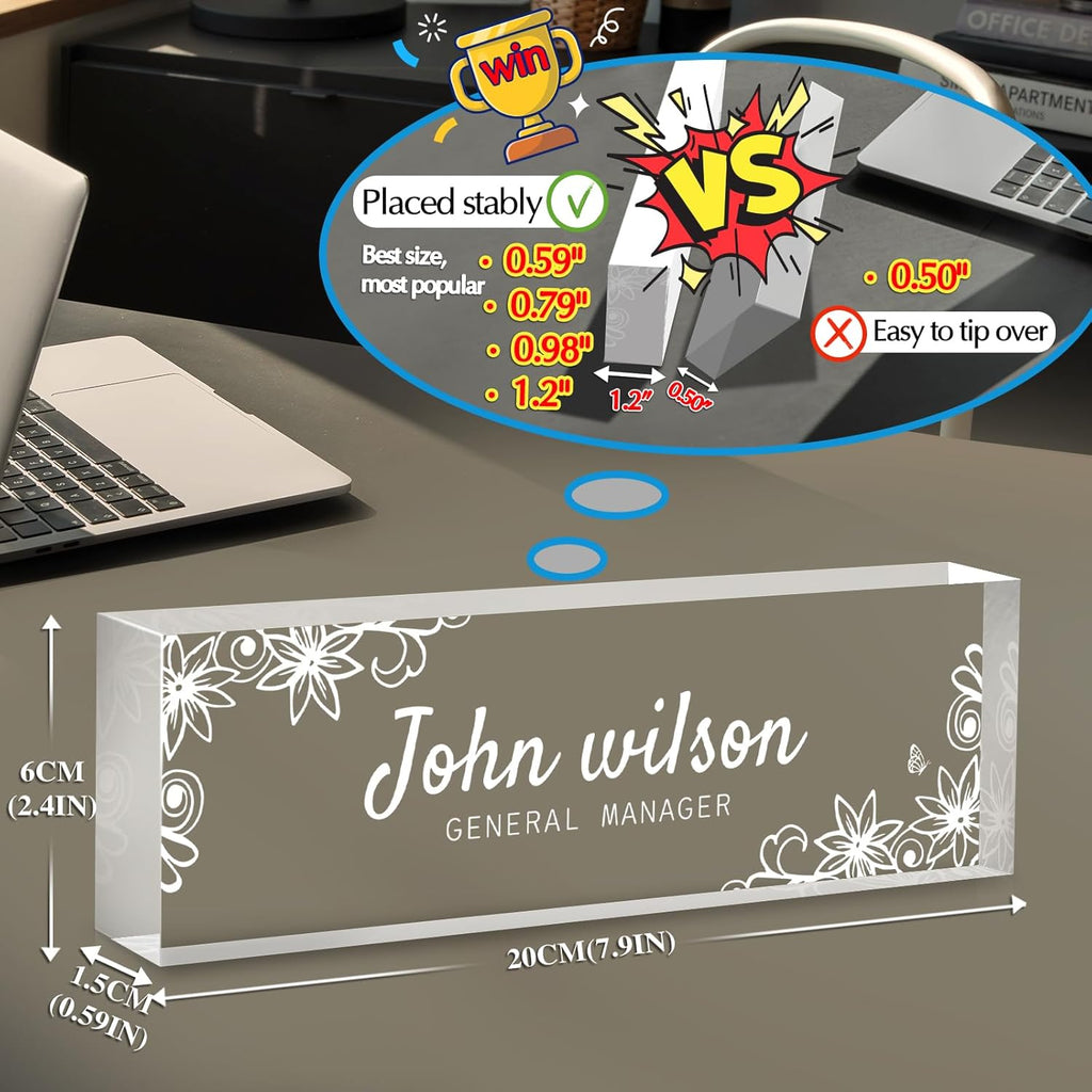 Personalized Name Plate for Desk - Custom Engraved Name Plates for Man - Boss Day Gifts for Boss - Acrylic Office Decor Appreciation Gifts for Teacher Nurse Coworker Social Worker (White Garden)