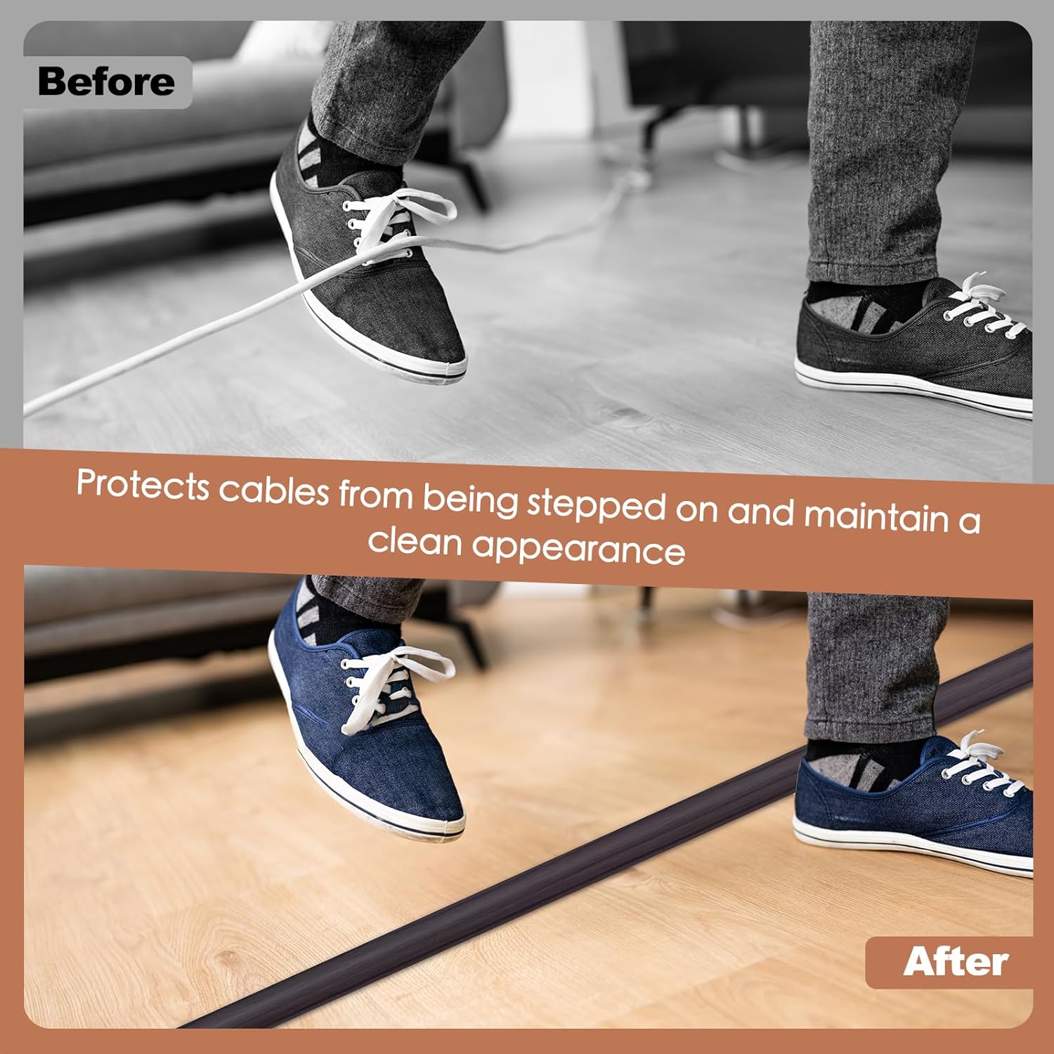 Floor Cord Cover for Wires on Floor Self Adhesive Cord Hider Floor Cable Management Wire Covers for Cords Protector Prevent Cable Trips Cord Cavity W 0.51" x H 0.31", Black Walnut, 20Ft