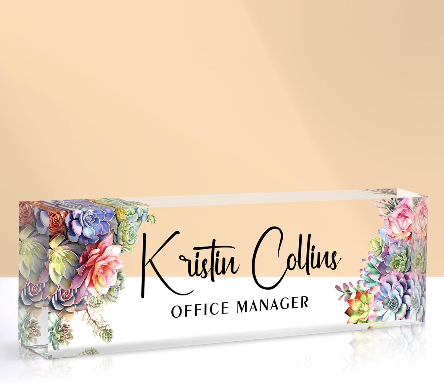 Custom Name Plate for Desk, Acrylic Office Decor For Women Men, Personalized Office Desk Accessories, Teacher Employee Appreciation Gifts For Social Worker Boss Coworkers (Succulent 1)