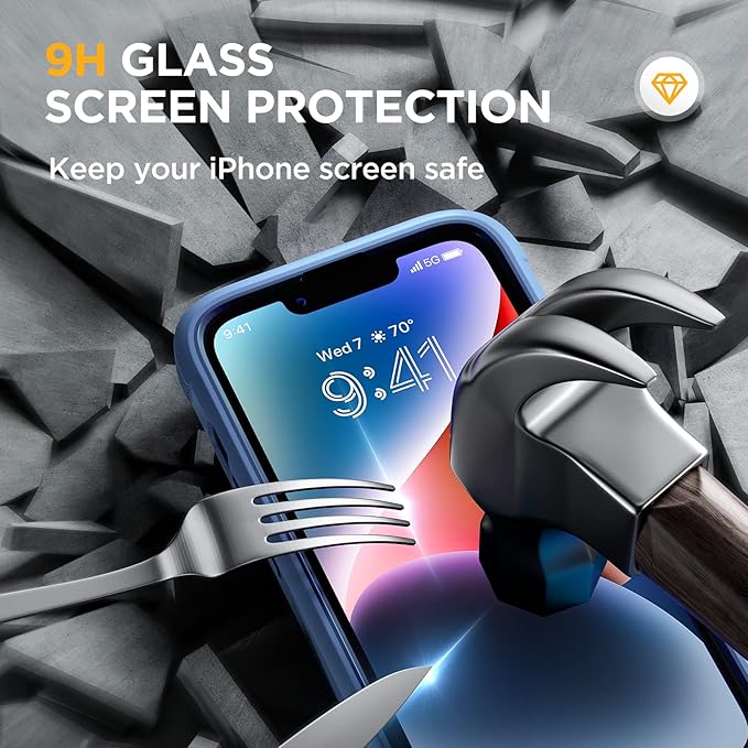 Miracase Glass Series Designed for iPhone 14 Plus Case 6.7 inch, 2023 Upgrade Full-Body Clear Bumper Case with Built-in 9H Tempered Glass Screen Protector and Camera Lens Protector,Blue