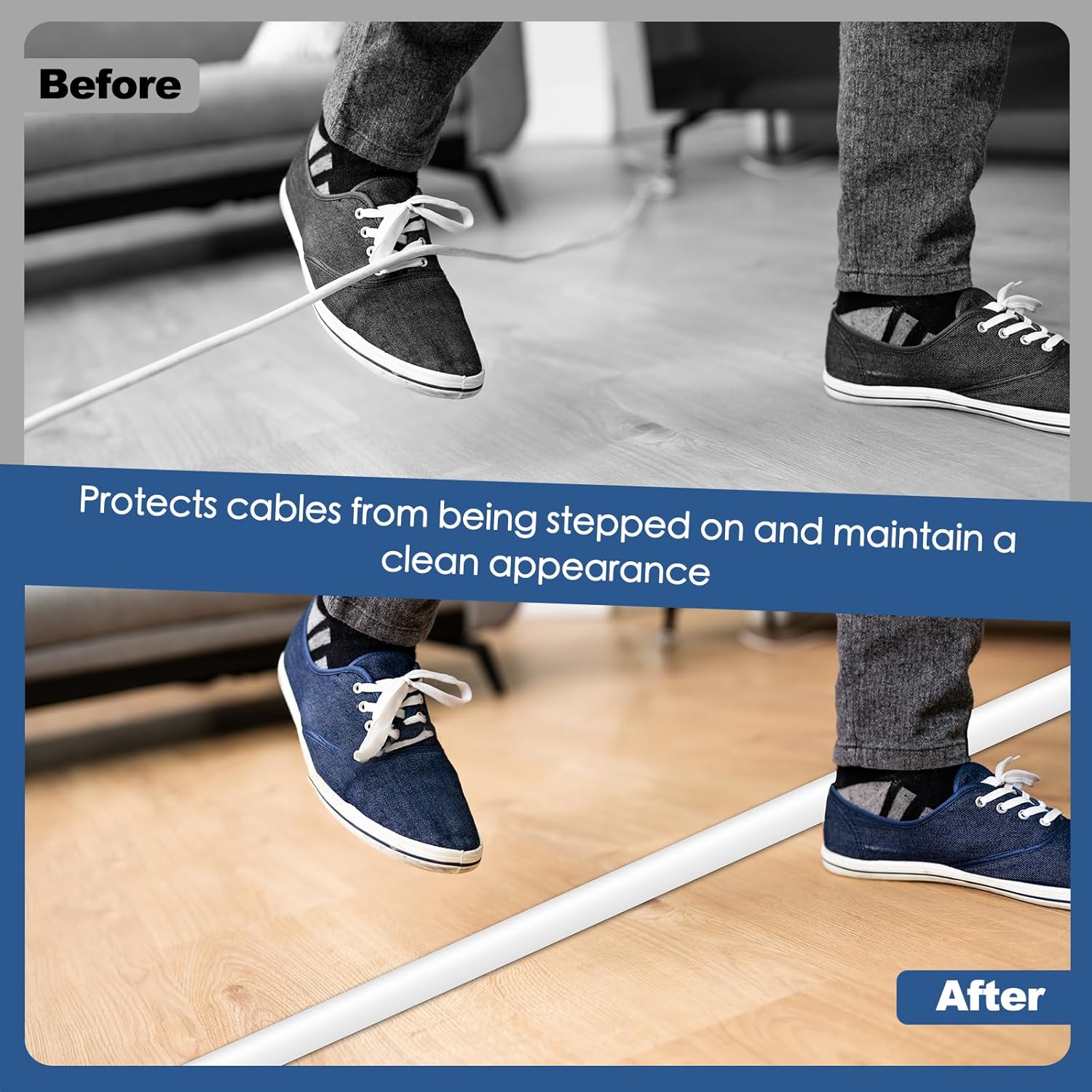 Floor Cord Cover for Wires on Floor Self Adhesive Cord Hider Floor Cable Management Wire Covers for Cords Protector Prevent Cable Trips Cord Cavity W 0.51" x H 0.31", White, 20Ft