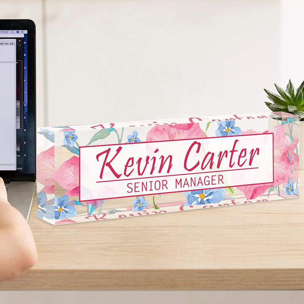 Name Plate for Desk Personalized, Acrylic Desk Decorations, Employee Appreciation Gifts, Custom Office Gifts for Coworkers, Boss, Teacher, Nurse (Pink Floating Flowers)