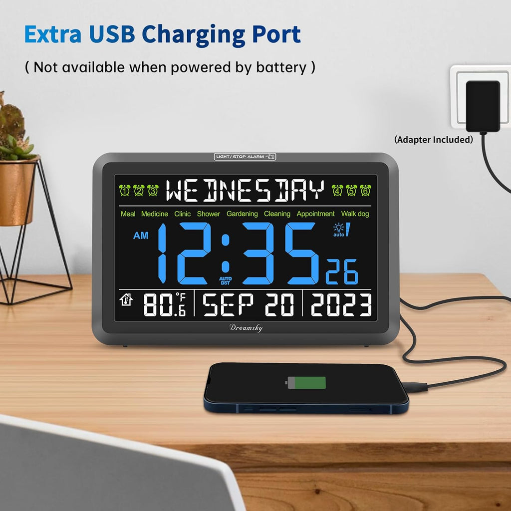 DreamSky Digital Clock with Date and Day of Week - Large Calendar Clock for Seniors Elderly, Loud Alarm Clock for Bedroom Desk, Backlight Dimmer, Adjustable Volume, USB Port, Auto DST, Battery Backup