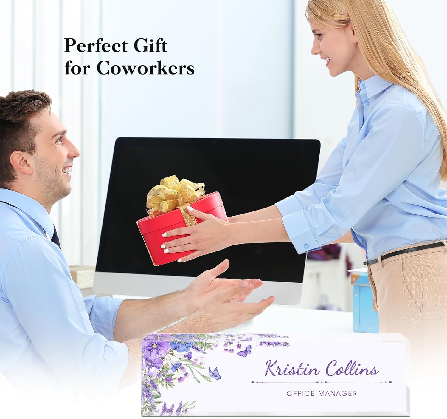 Custom Name Plate for Desk, Acrylic Office Decor For Women Men, Personalized Office Desk Accessories, Teacher Employee Appreciation Gifts For Social Worker Boss Coworkers (Morning Glory)