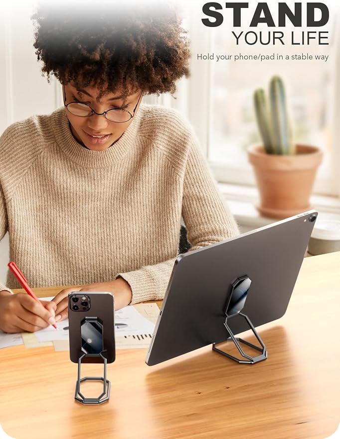 A-LuGei 𝗙𝗼𝗹𝗱𝗮𝗯𝗹𝗲 & 𝗔𝗱𝗷𝘂𝘀𝘁𝗮𝗯𝗹𝗲 Cell Phone Ring Holder Stand, Phone Kickstand for Desk, Cell Phone Holder for Hand, Ring for Back of iPhone, Metal Phone Grip for Magnetic Car Mount