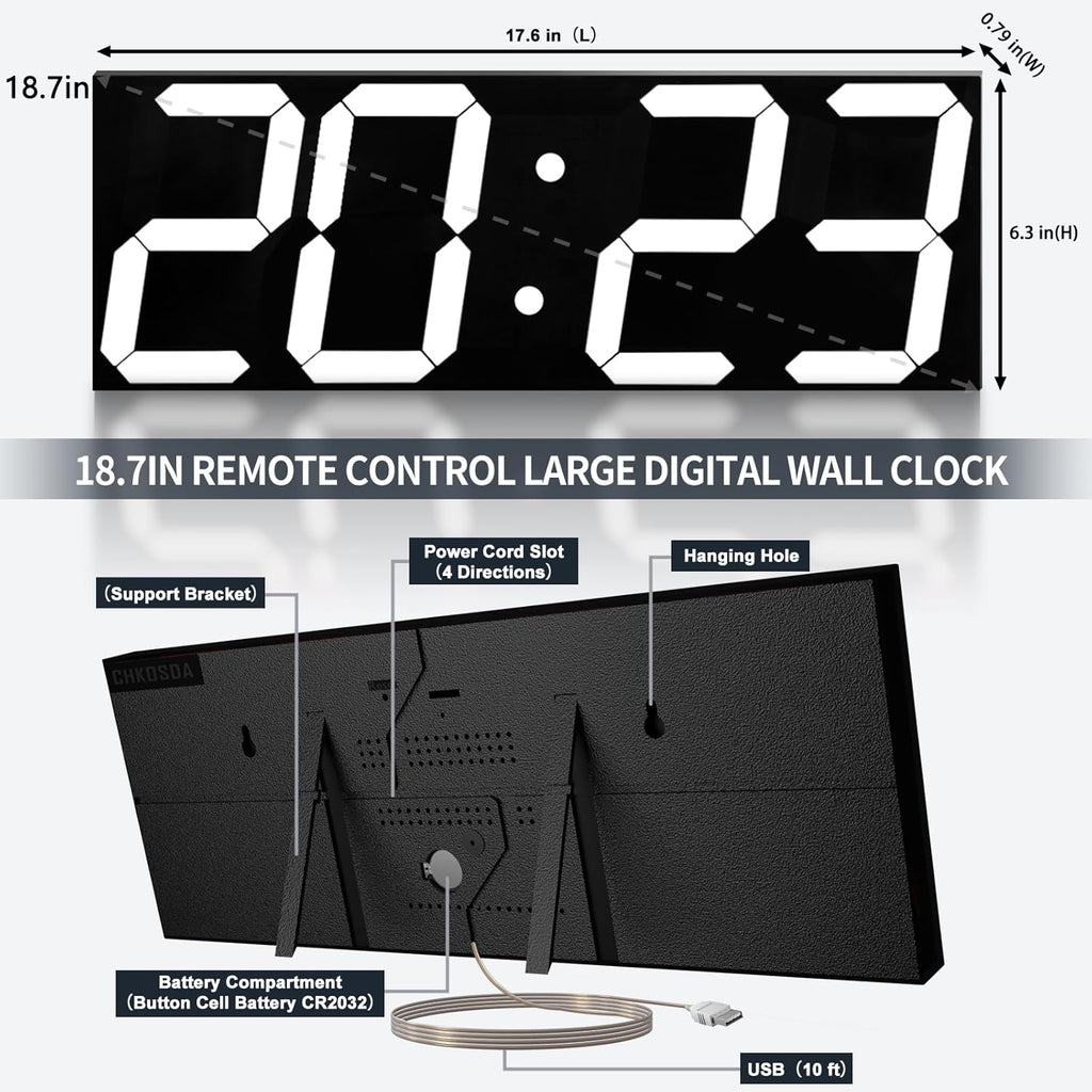 18.7in Large Digital Wall Clock,LED Digital Clock with Big Number,Multi-Function Remote Controlled Wall Clock with Timer, Alarm and Calendar Display(White)