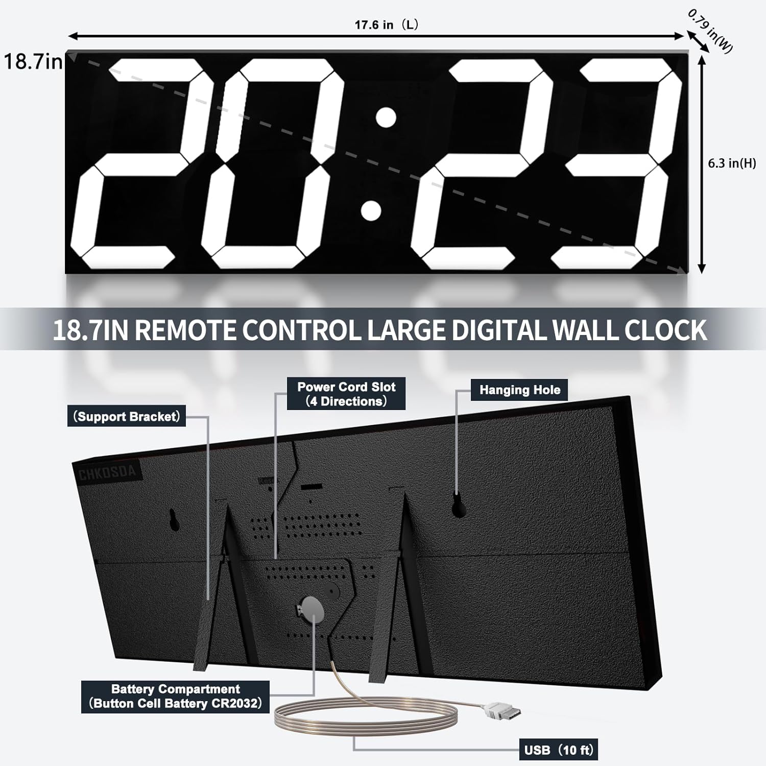 18.7in Large Digital Wall Clock,LED Digital Clock with Big Number,Multi-Function Remote Controlled Wall Clock with Timer, Alarm and Calendar Display(White)