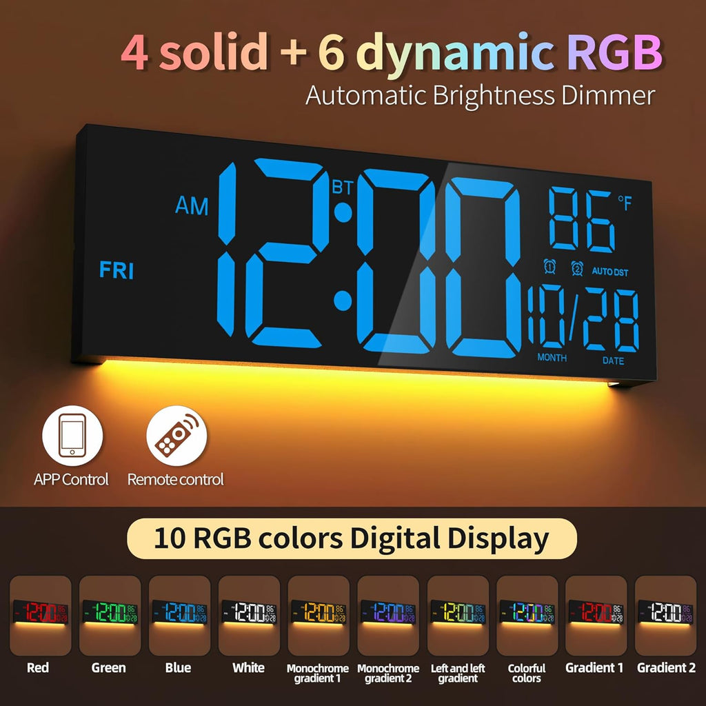 16.5" Large LED Wall Clock with Bluetooth Sync, Night Light, DST, 2 Alarms, RGB Color, Temperature, Remote Control, 12/24H, Timer for Living Room, Bedroom, Desk, Gift for Mother Father Elderly