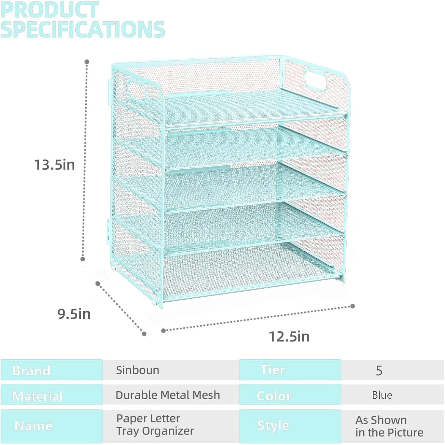 Letter Tray Paper Organizer 5-Tier Desk Organizer File Organizer Paper Holder with Handle, Metal Desktop Document Shelf Tray Office Classroom Organization - Blue
