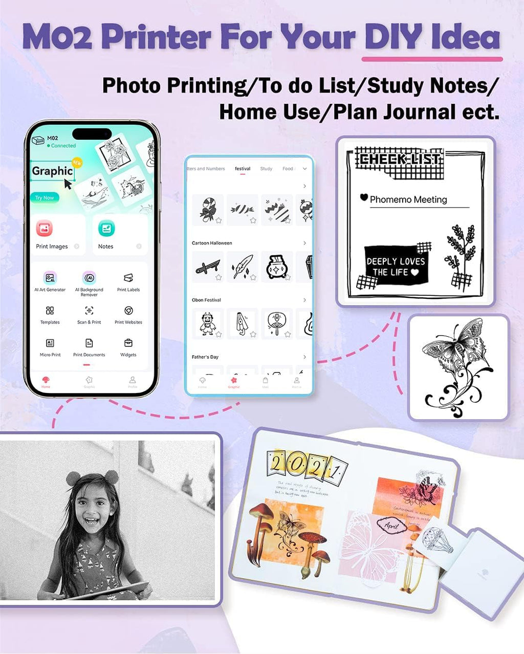 Phomemo Mini Sticker Printer- Mini Printer Sticker Maker Machine M02, Print Pods Suitable for Creative DIY, Diaries, Photos, Study Notes, Portable Thermal Inkless Label Maker for Home/Travel, White