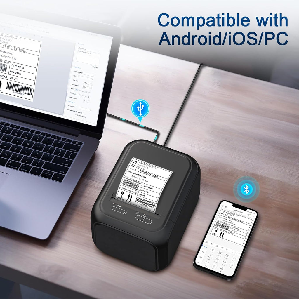 CLABEL Desk Bluetooth Barcode Label Printer: Label Maker with Direct Thermal Printing, 2 Inch Print Width for Barcodes Address Shipping Warehouse with 1 Roll 40x30mm Label (3 Inch Soot)
