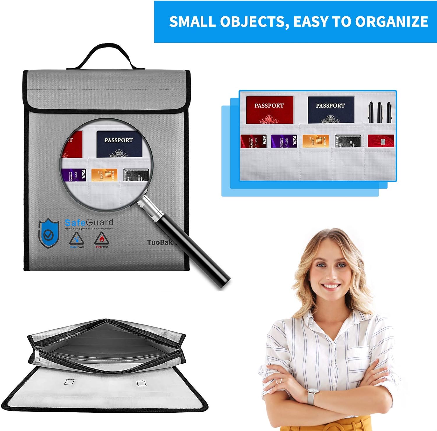 TuoBak's Fireproof Waterproof Document Bag with Zipper,Heat Insulated Upgraded Fireproof Document Bag 15.8”x 12.6”×2.5” for Important Document Storage Organizer for Valuables, Legal Documents Safe