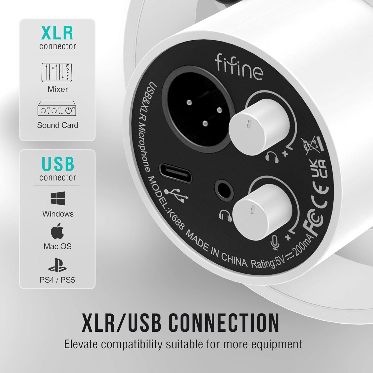 FIFINE Podcast XLR/USB Microphone Kit, Studio Dynamic Vocal Mic for Recording, Streaming, Voice-Over, PC Microphone with Boom Arm with Mute, Headphone Monitoring, Metal-AmpliTank K688T White