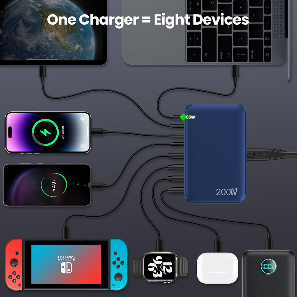 USB C Charger 200W USB C Charger Block,Upgraded GaN III 8-Port Fast Charging Station Hub,PD 65W Laptop Charging Adapter Compatible with MacBook Pro/Air,DELL,Steam Deck,iPhone 16/15/14,Galaxy S23/22