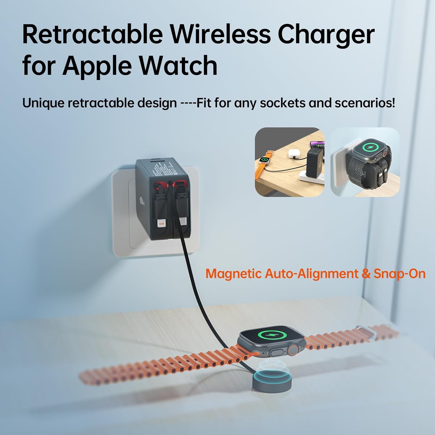 Apple Watch Charger Travel Essentials, 5 in 1 Travel Charging Station for Apple Devices, Retractable Wall Charger with 3*3.2ft Retractable Cables, Fast Charger Block for Apple Gear (Black)