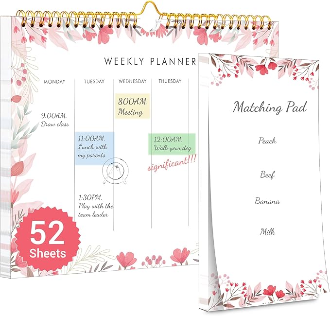8.5x11 Weekly Planner Notepad Undated To Do List Note pad 52 Weekly Desk Wall Planner Calendar Hangble Daily Planning Pad for Work,Home,School,Ofiice Supplies,Matching 44 Notepad,Pink