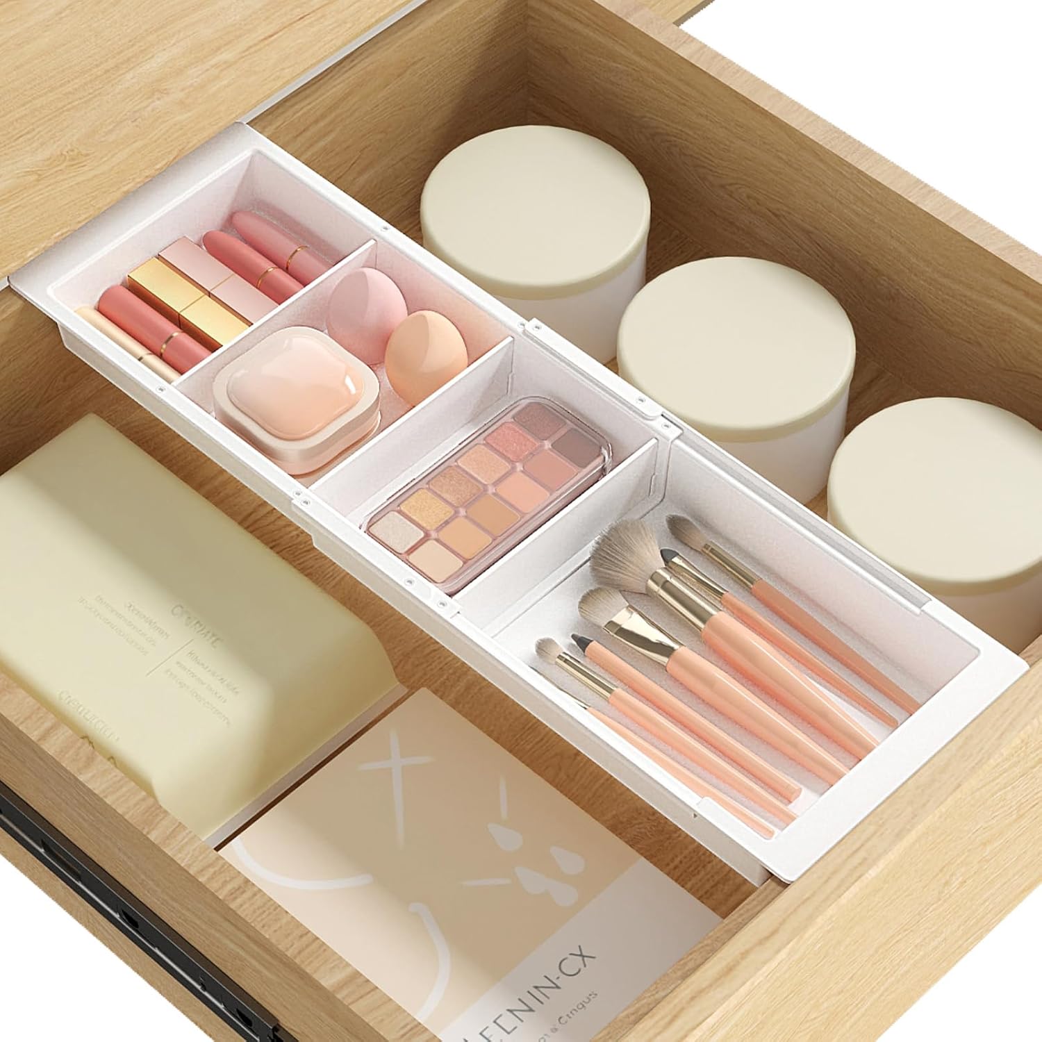 Lifewit Sliding Makeup Drawer Organizer Trays with Inserts, Extendable Hanging Desk Drawer Divider, Fits 13-20" Deep Drawers, 1.8" High Plastic Organizer Tray for Vanity, Office, Kitchen, White