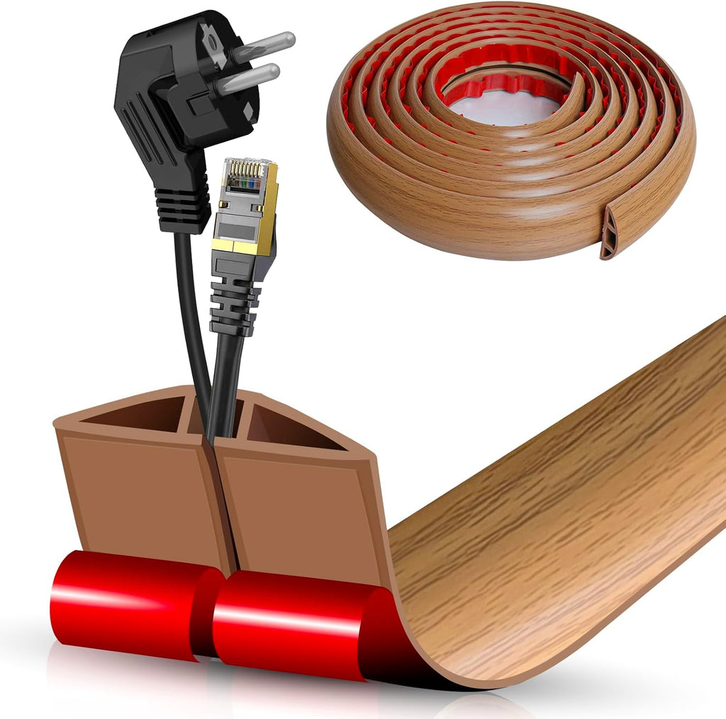 Floor Cord Cover Self Adhesive Cord Hider,10FT Cable Management, Extension Strip Protector for Wires, Prevent Cable Trips for Offices, Gyms, Exhibitions Cavity:0.47"(W) x 0.35"(H) Brown Wood