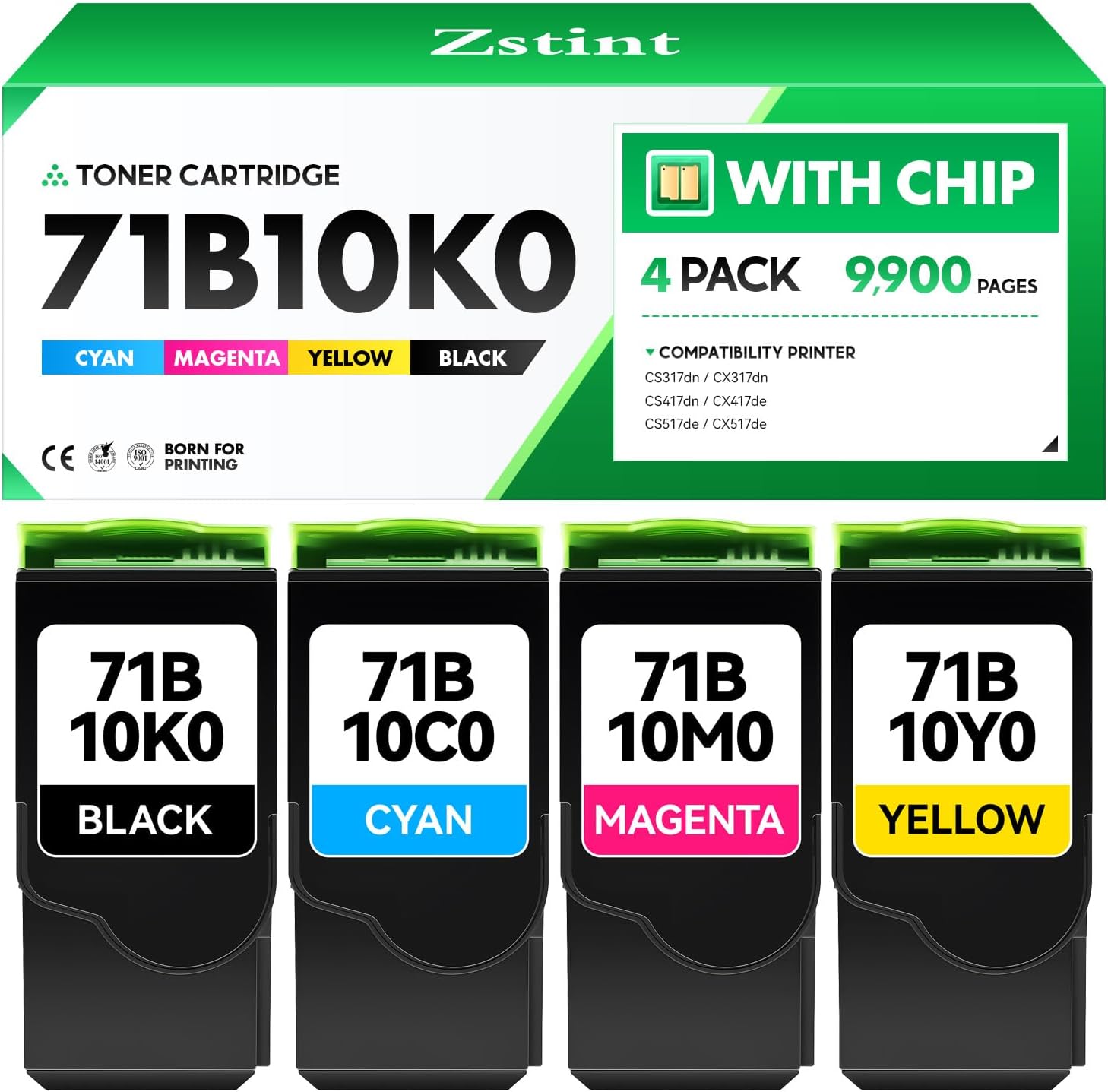 71B10K0 71B10C0 71B10M0 71B10Y0 Toner Cartridge Set 4-Pack Replacement Compatible with Lexmark CS317dn CX317dn CS417dn CX417de CS517de CX517de Laser Printer Ink All-in-One Black Cyan Magenta Yellow