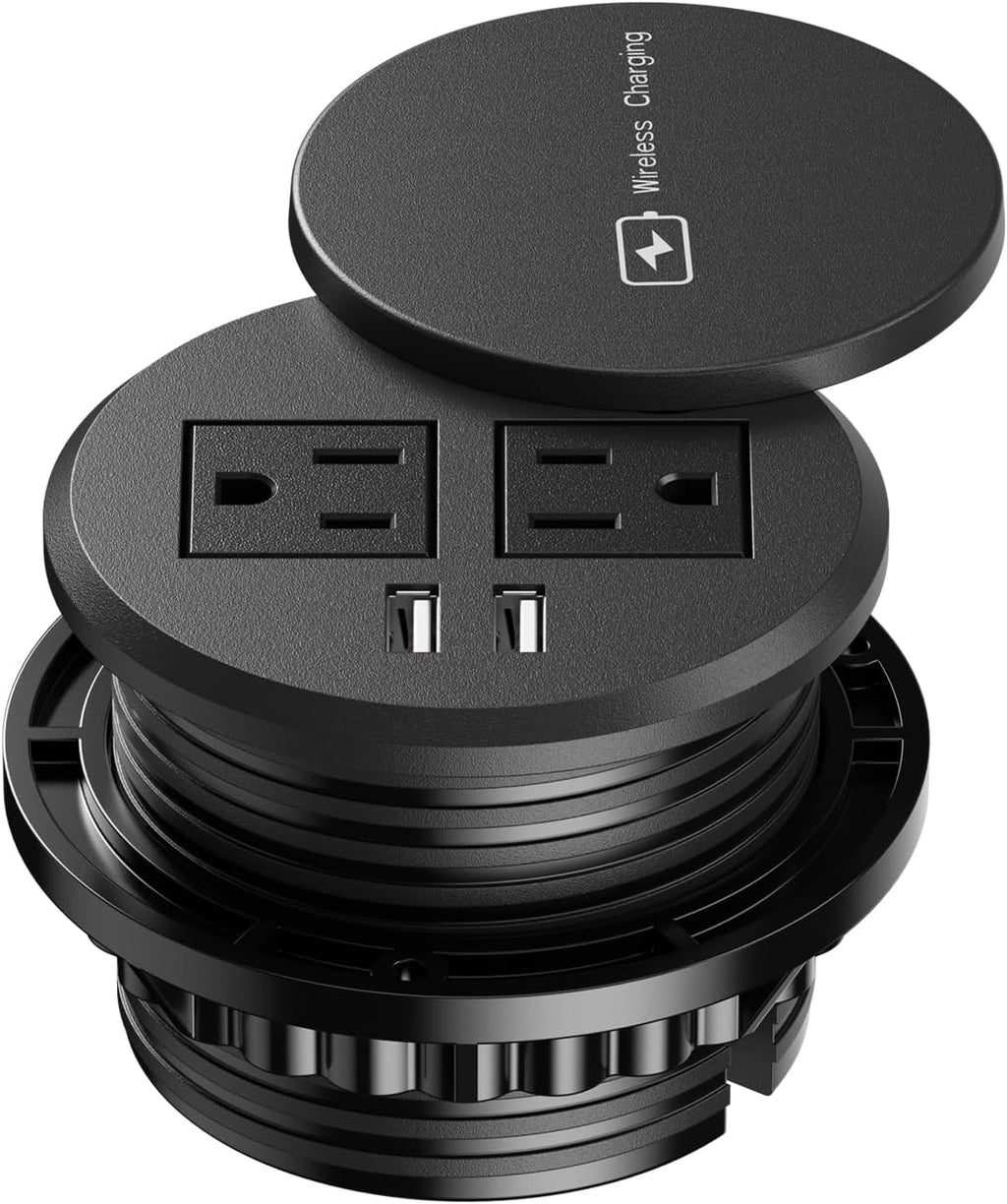 3 Inch Desk Hole Recessed Power Grommet with 15W Wireless Charger Cover, 2 USB-A Countertop Grommet Mount Power Outlet, with AC Outlets and 6ft Extension Cord Black
