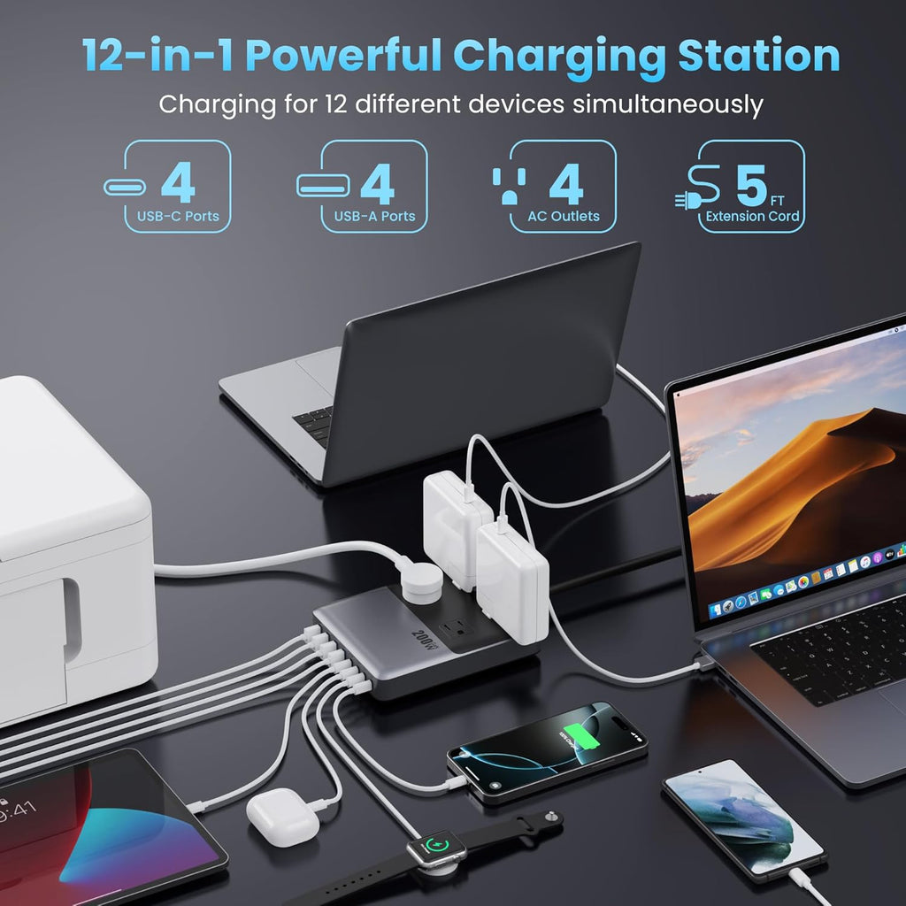 12-in-1 Charging Station USB-C Power Strip with 5ft Cord and Plug, 200W GaN IV Charger Block, 4 AC Outlets, 4 USB A&C for MacBook,iPhone 16/15/14, Desktop Charger for Office, Home