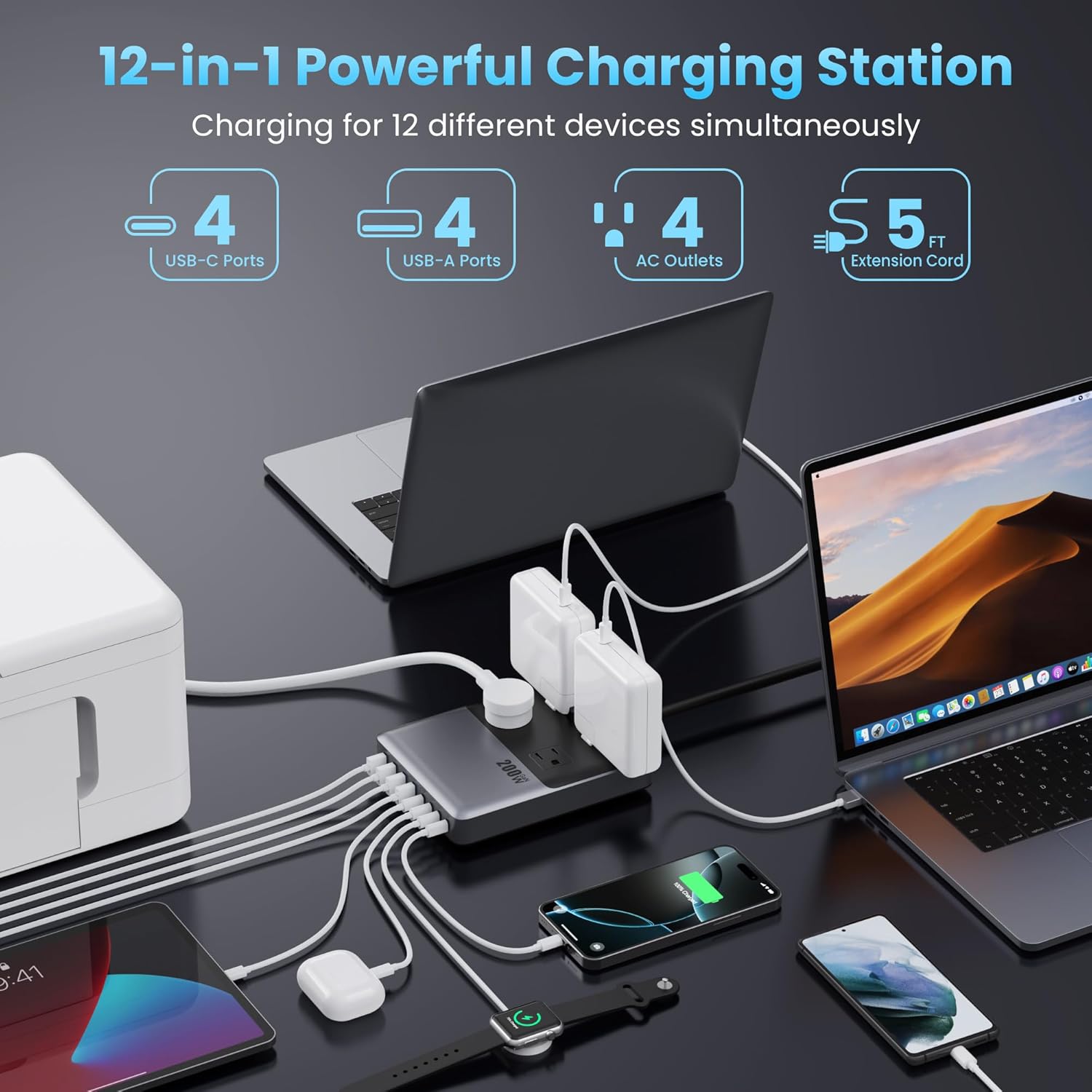 12-in-1 Charging Station USB-C Power Strip with 5ft Cord and Plug, 200W GaN IV Charger Block, 4 AC Outlets, 4 USB A&C for MacBook,iPhone 16/15/14, Desktop Charger for Office, Home
