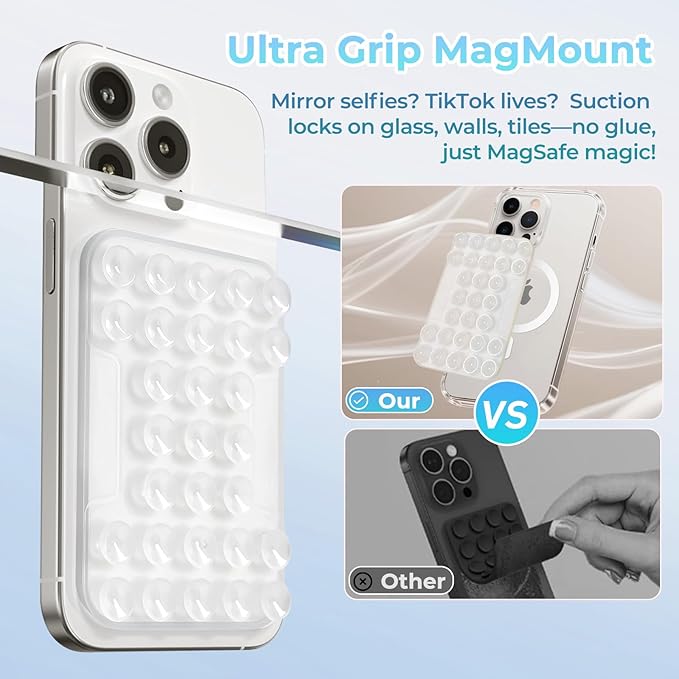for MagSafe Suction Mount - 29 Silicone Suction Cup Phone Mount with Magnetic Phone Grip, for iPhone 12/13/14/15/16 Series, Hands-Free Sticky Grip for TikTok/Instagram, Transparent