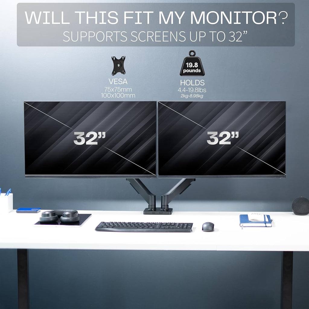 VIVO Dual Monitor up to 32 inches and 19.8 lbs per Screen, Pneumatic Arm Desk Mount, Articulating Counterbalance, VESA Stand, Classic, STAND-V002O
