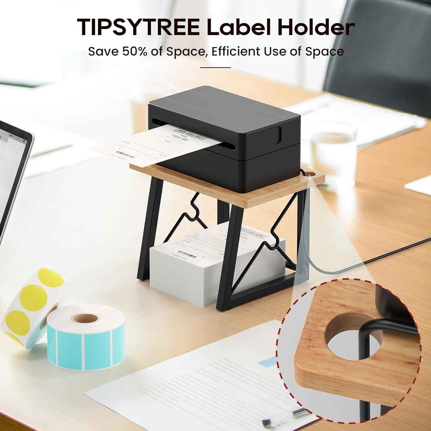 Label Holder for Rolls and Fan-fold Labels, Wooden Label Stand for Shipping Label Printer, Sticker Roll Holder Thermal Printer Accessory for Home, Office