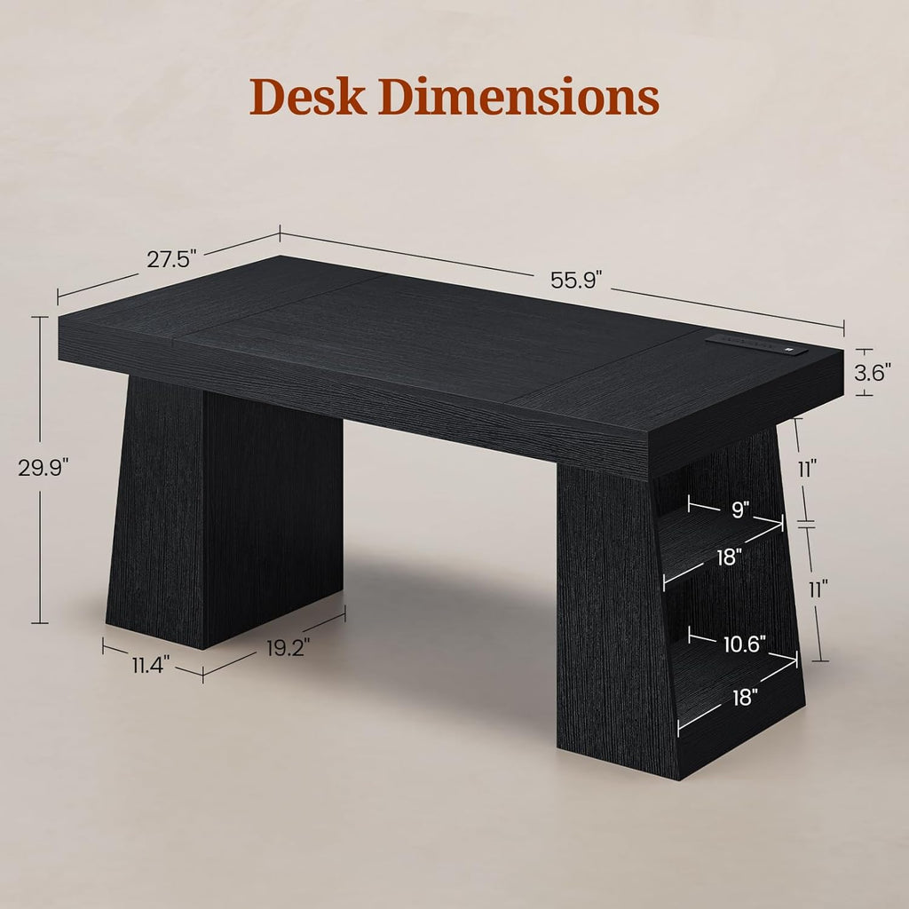 55.9 in Executive Desk with Power Outlets, Modern Home Office Desk with Storage Shelves, Wood Computer Desk Business Workstation Desk Conference Table, Black (Storage Shelves)