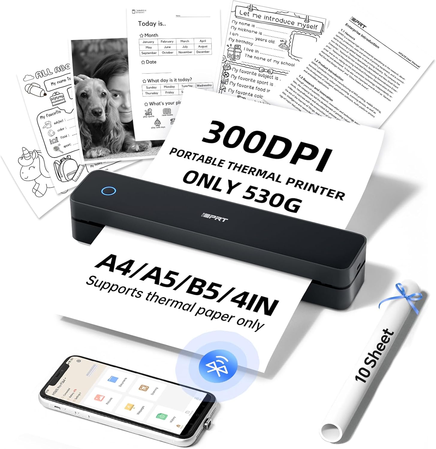 iDPRT MT610 Pro Portable Thermal Printer, 300DPI HD Mobile-Travel-Printers, Inkless-Wireless-Small-Printer for Home Use, Office, Vehicles, Bluetooth Printers Supports 8.5" x 11" US Letter&A4&A5 Size