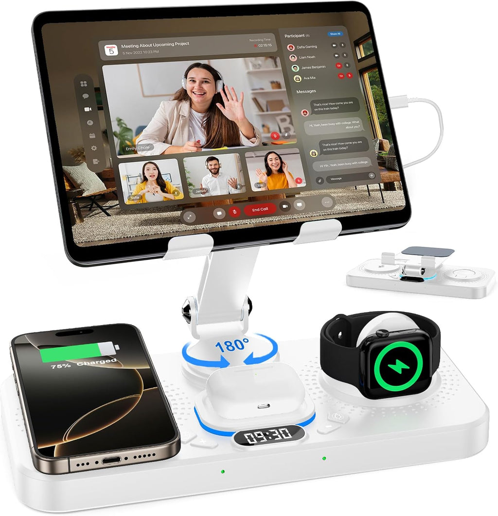 30W Charging Station for Apple Products, Foldable Wireless Charger with Clock Display&7 Color Light, Wired Charging for iPad/Tablet Charging Station for iPhone17, for Apple Watch10 for AirPods4(White
