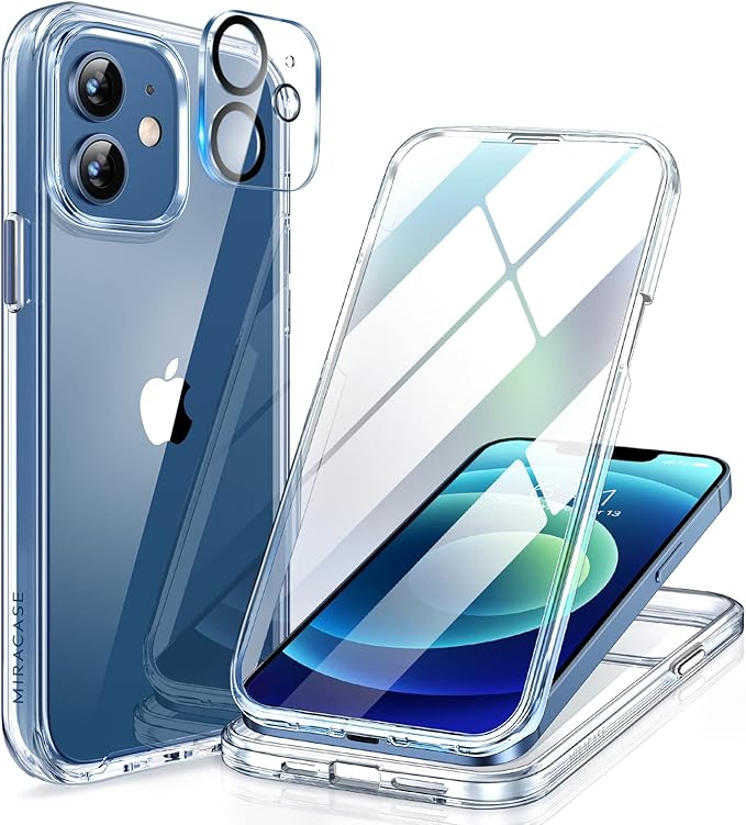 Miracase Glass Case for iPhone 12/12 Pro 6.1 inch, Upgraded Full-Body Rugged Phone Bumper Case Cover with Built-in 9H Tempered Glass Screen Protector and Camera Protector, Clear