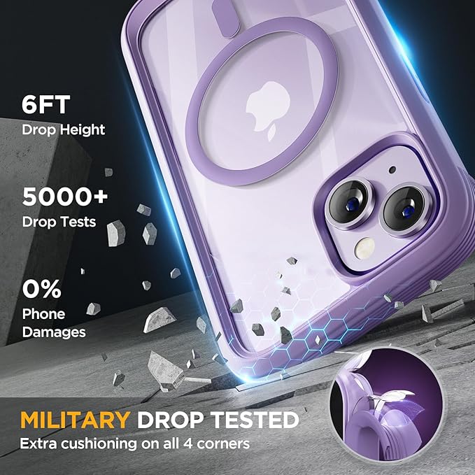 Miracase Magnetic for iPhone 14 Case 6.1", [Built-in Tempered Glass Screen Protector + Lens Protector] [Compatible with MagSafe] Full-Body Protective Bumper 14 Phone Cover, Purple