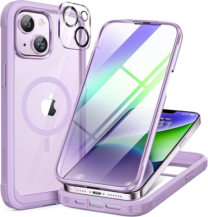 Miracase Magnetic for iPhone 14 Case 6.1", [Built-in Tempered Glass Screen Protector + Lens Protector] [Compatible with MagSafe] Full-Body Protective Bumper 14 Phone Cover, Purple