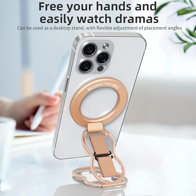 RESPECTED-BRO-Magnetic-Phone-Grip-Stand-with-Finger-Strap, 4-in-1 Magnetic Ring Holder, Kickstand and Elastic Strap for Smartphones, Universal Fit for iPhone, Android, and Cases (Rose Gold)