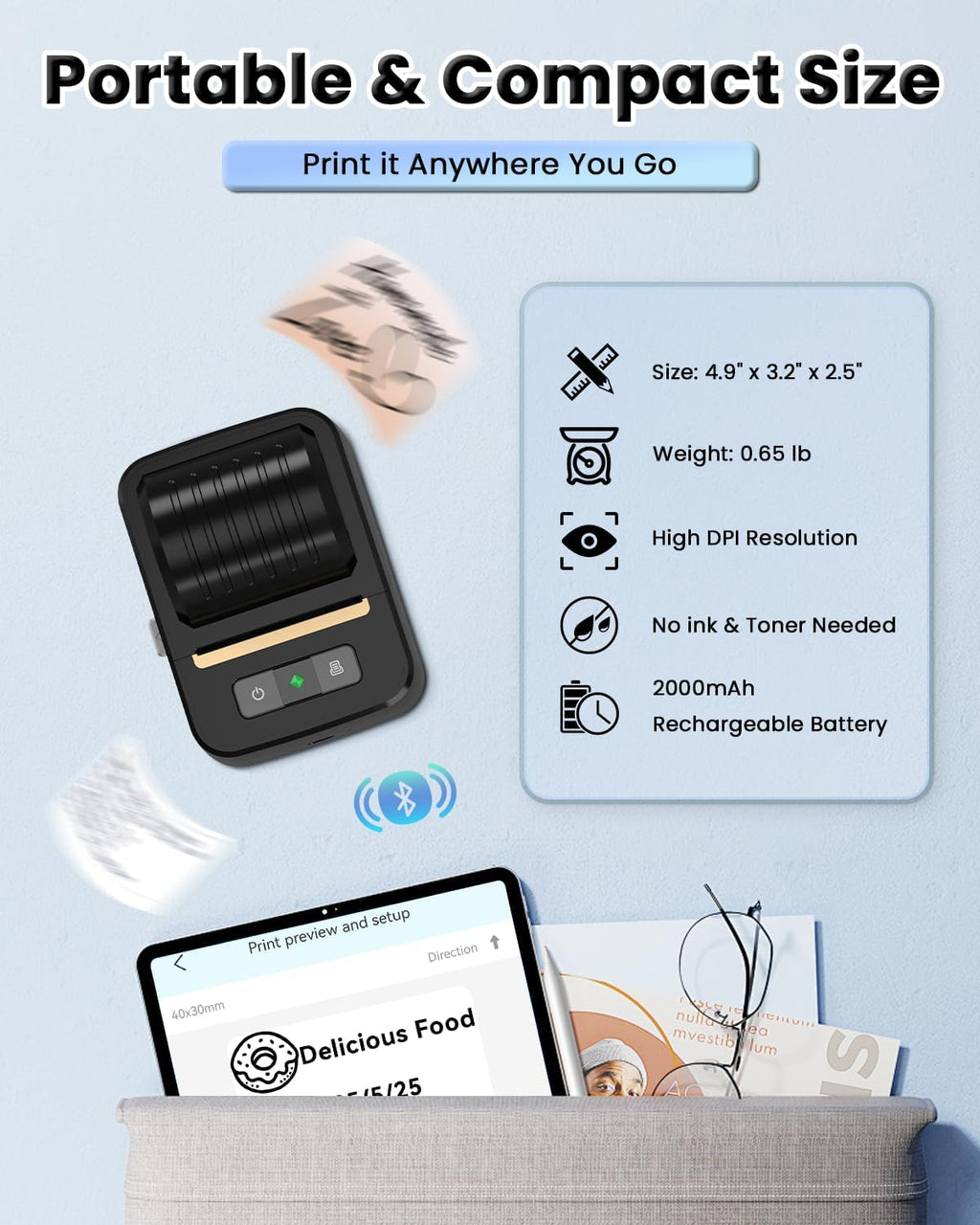 NDYIN Label Makers, Label Maker Machine with Tape, Bluetooth Label Maker, Portable Thermal 2 Inch Label Printer for Small Business, Barcode, Address, Logo, Clothing, Sticker Printer for Phones & PC