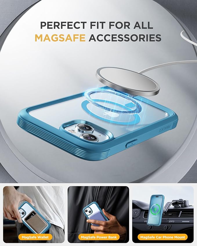 Miracase Magnetic for iPhone 15 Plus Case 6.7'' [Compatible with Magsafe] Full-Body Military Drop Proof 15 Plus Phone Case Cover with Built-in 9H Tempered Glass Screen Protector,Magnetic Blue