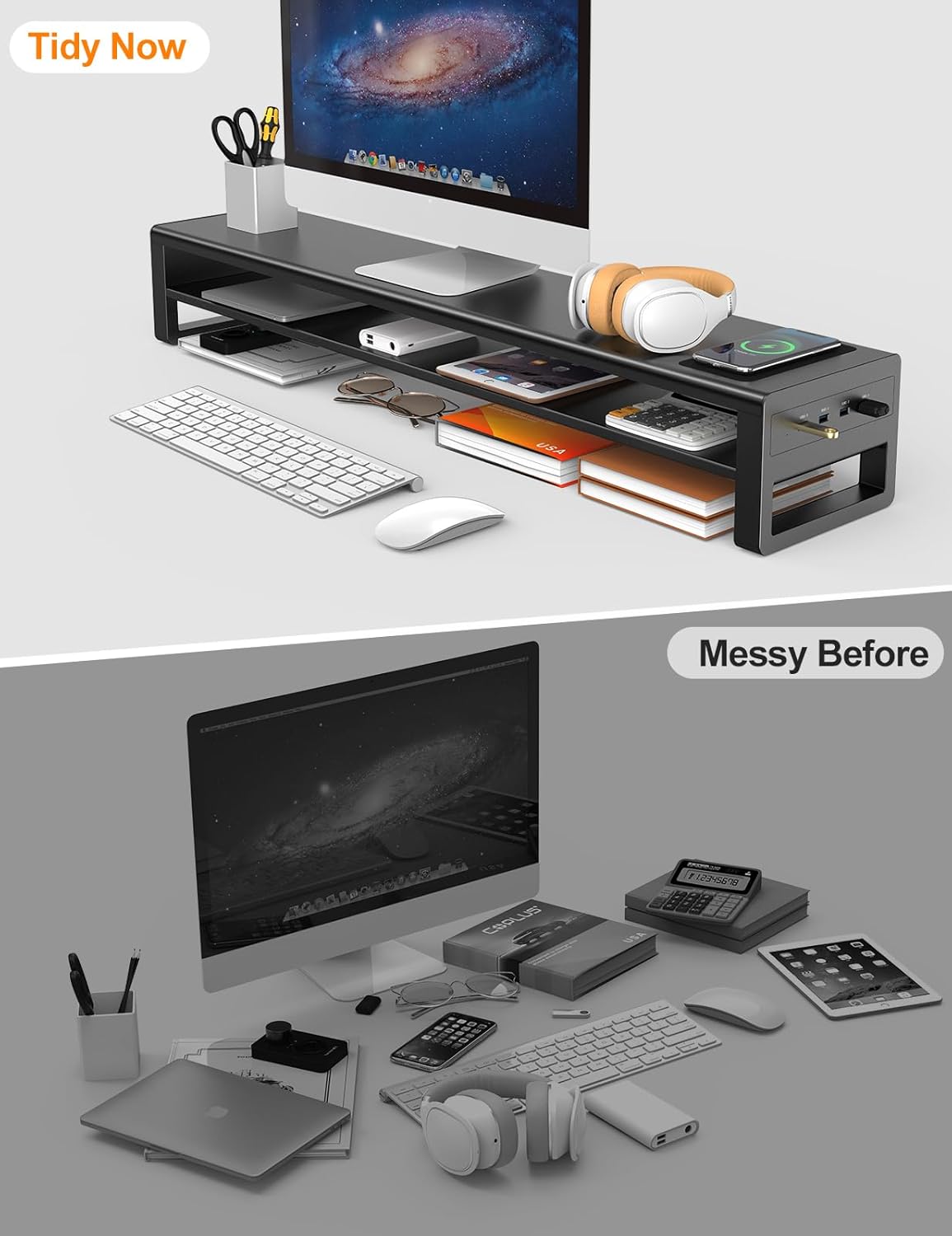 2 Tiers Dual Monitor Stand with Auto Charging Pad, 4 USB 3.0 Hub Ports, Double Monitor Riser, Metal Desk Stand with Storage, Long Screen Raiser for 2 Monitors/PC/Laptop/Computer Space Saver Organizer