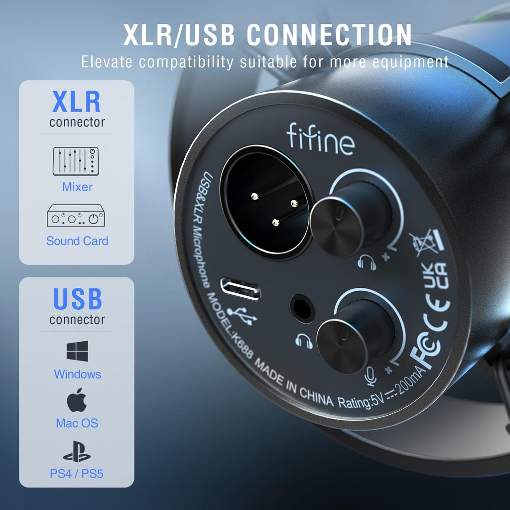 FIFINE Dynamic Podcast Microphone Set with Boom Arm Stand, Studio XLR/USB Microphone for Recording Vocal Streaming, Metal Mic with Mute Tap, Headphone Jack, Heavy Duty Boom Arm-K688T