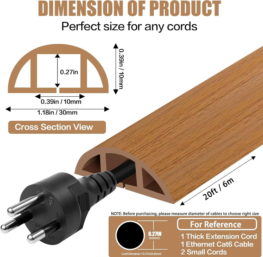 Floor Cord Cover Self Adhesive Cord Hider,20FT Cable Management, Extension Strip Protector for Wires, Prevent Cable Trips for Offices, Gyms, Exhibitions Cavity:0.39"(W) x 0.27"(H) Brown Wood