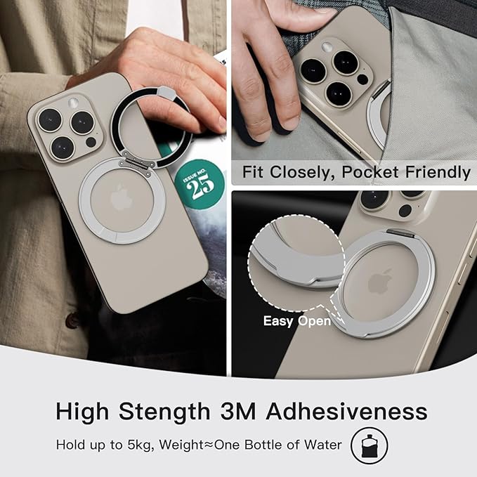 COOLQO Upgraded Magnetic Phone Ring Holder Stand, Super Magnet Cell Phone Grip Finger Kickstand Compatible with MagSafe Mag Safe Accessory for iPhone All Smartphones (1-Silver)