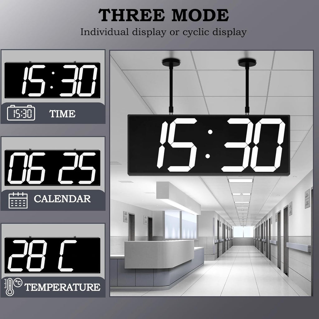 19.5'' Large Digital Wall Clock with Double Sided Display,Multi-Functional LED Hanging Digital Clock with Adjustable Brightness,Suitable for Offices, Warehouses, Corridors (White)