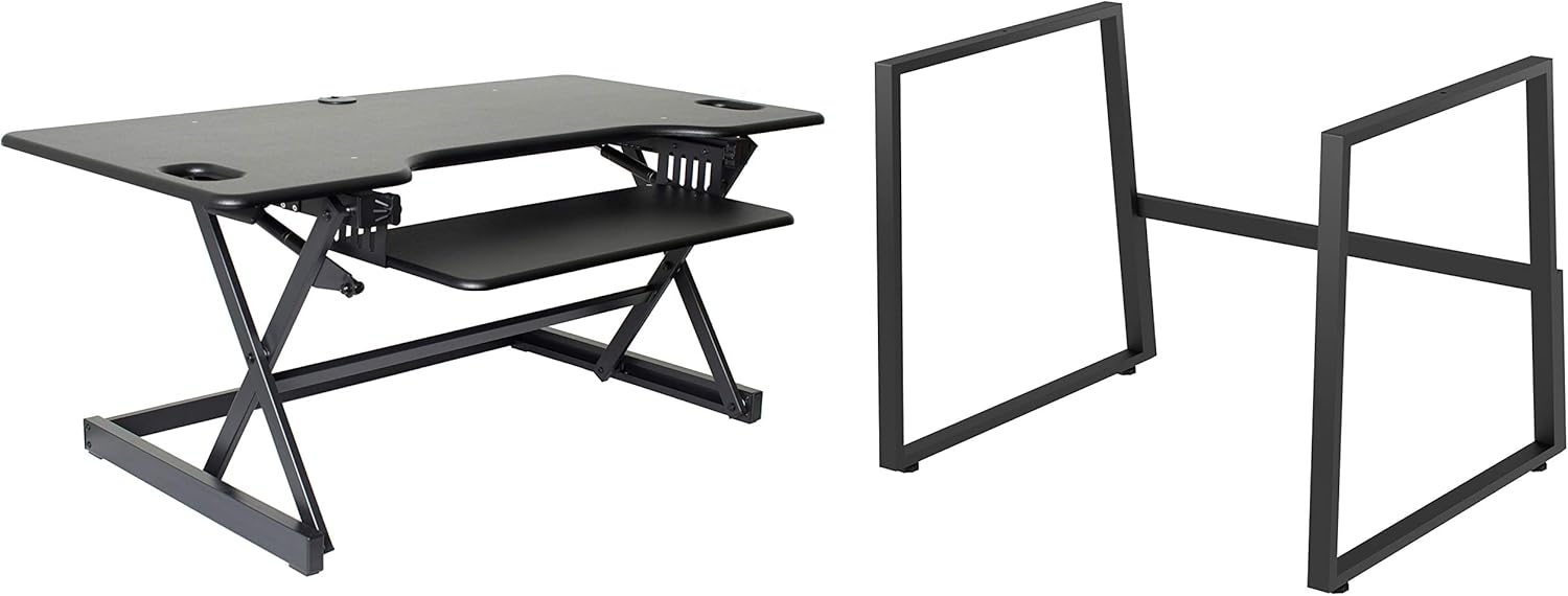 Rocelco 46" Large Height Adjustable Standing Desk BUNDLE - Quick Sit Stand Up Dual Monitor Riser - Tall Gas Spring Assist Computer Workstation - Retractable Keyboard Tray - Black (R DADRB-46-FS2)