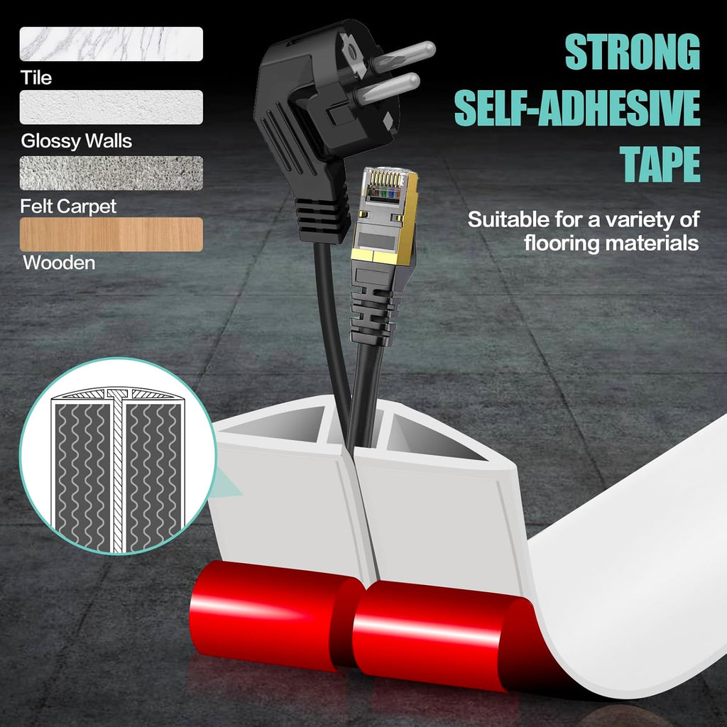 Floor Cord Cover Self Adhesive Cord Hider,10FT Cable Management, Extension Strip Protector for Wires, Prevent Cable Trips for Offices, Gyms, Exhibitions Cavity:0.47"(W) x 0.35"(H) White