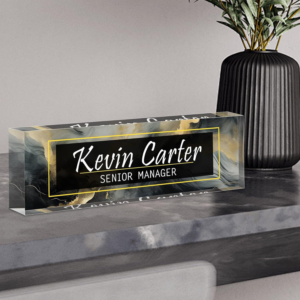 Name Plate for Desk Personalized, Acrylic Desk Decorations, Employee Appreciation Gifts, Custom Office Gifts for Coworkers, Boss, Teacher, Nurse (Black Gold Marble)
